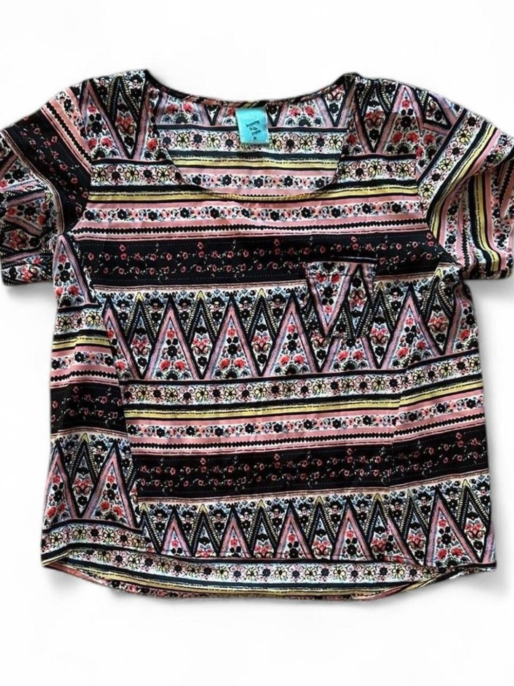 h.i.p. Aztec Stripe floral Short Sleeve Top - Pink, Black & Yellow